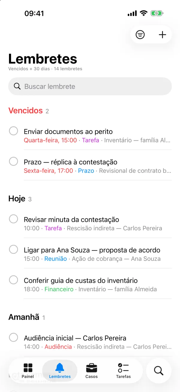 Lembretes do Judis no iPhone, agrupados em Vencidos, Hoje, Amanhã e Esta semana