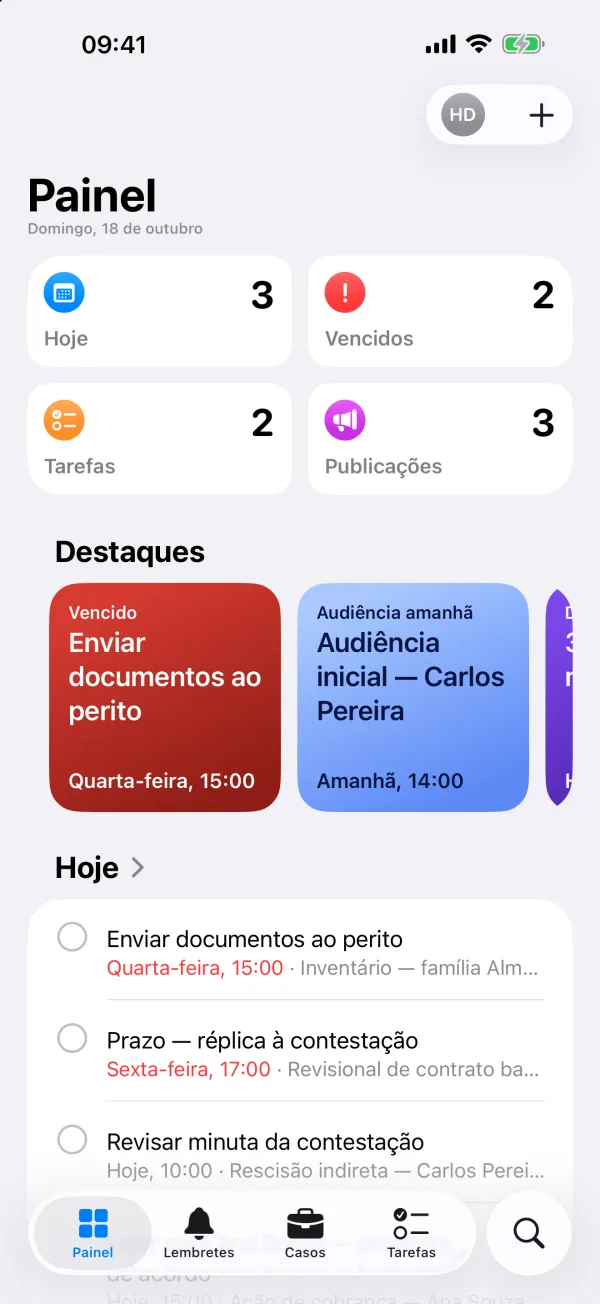 Painel do Judis no iPhone: Hoje, Vencidos, Tarefas, Publicações e os destaques do dia