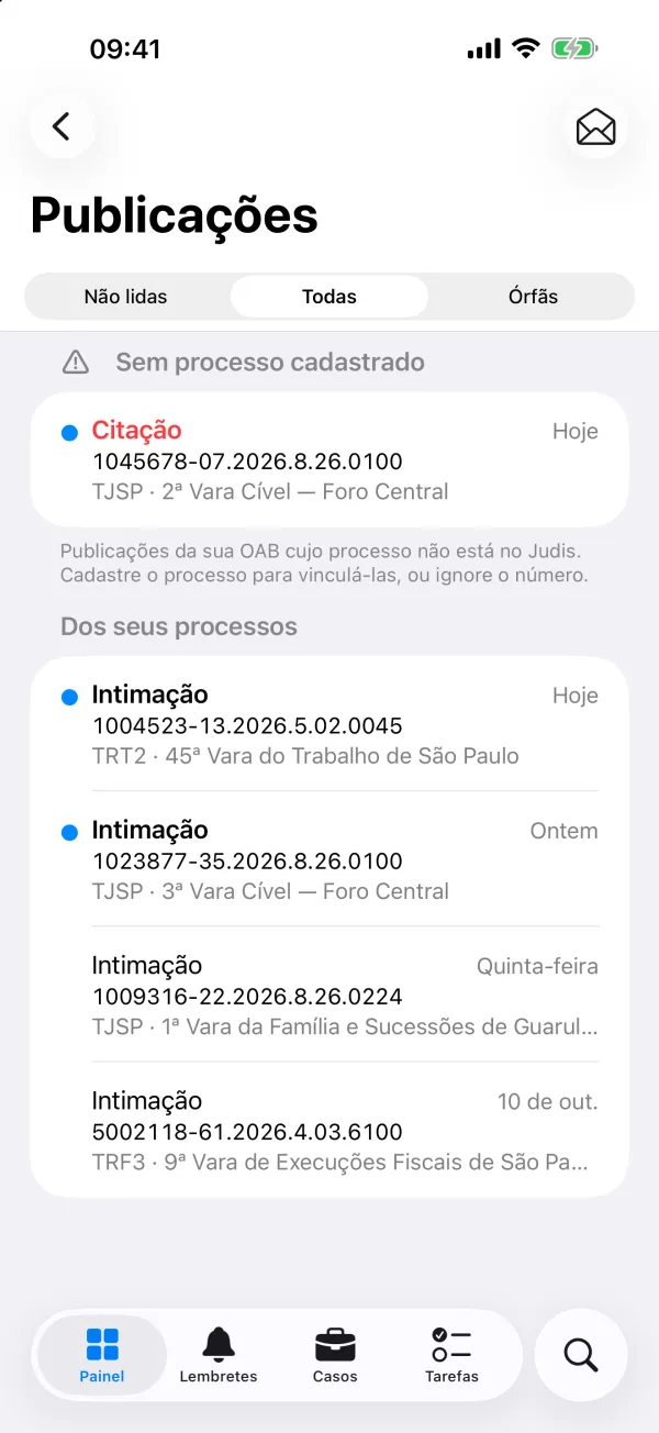 Publicações do DJEN no iPhone, com a citação de um processo fora do radar em destaque